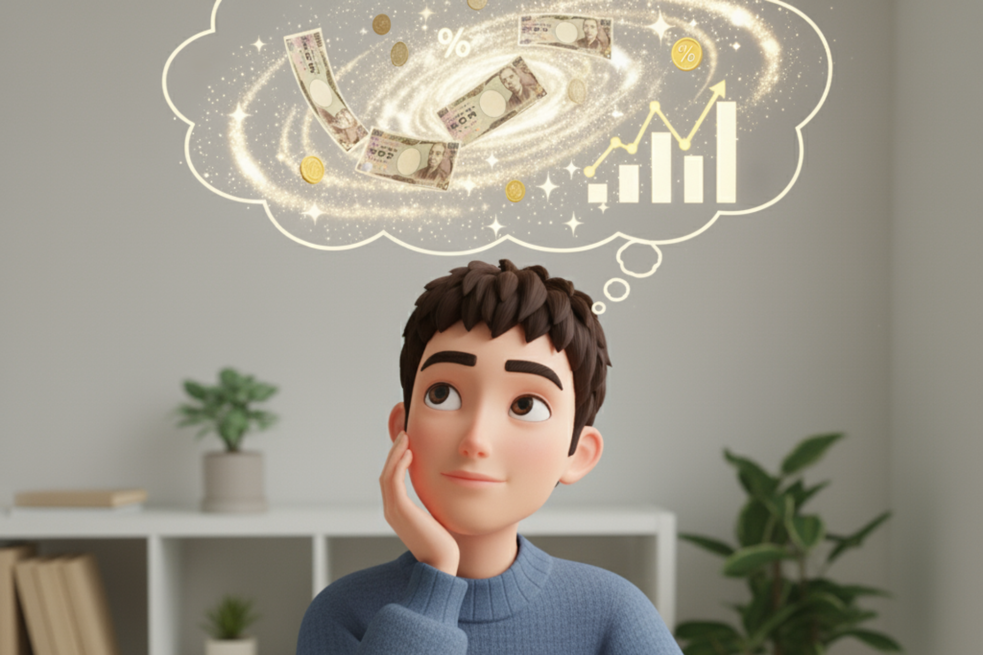 お金について考えている男性